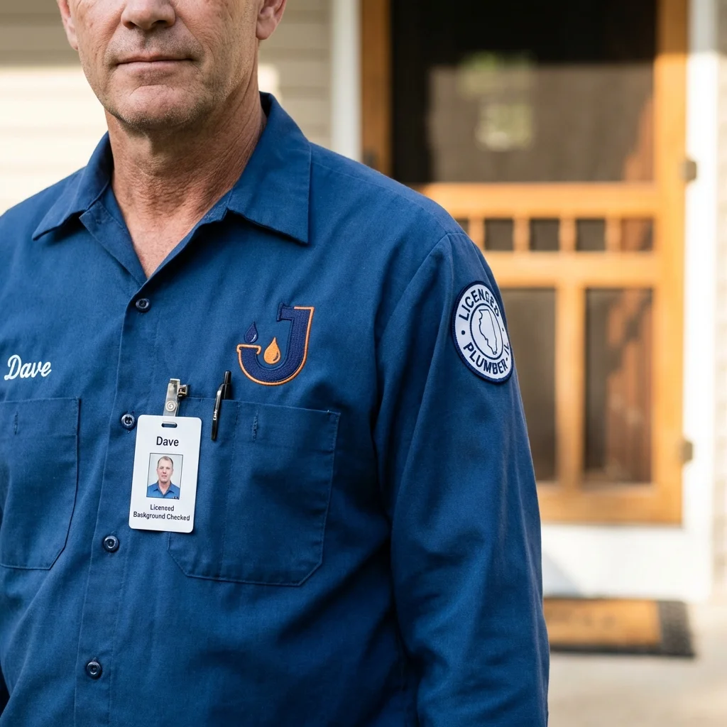 Licensed plumber showing ID badge in Grand Rapids, MI
