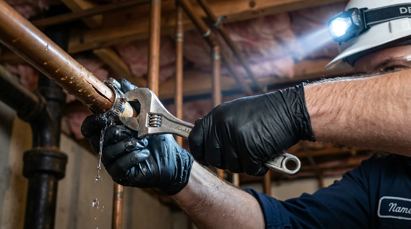 Emergency pipe clamp repair being performed by a Johns Plumbing LLC plumber in Grand Rapids
