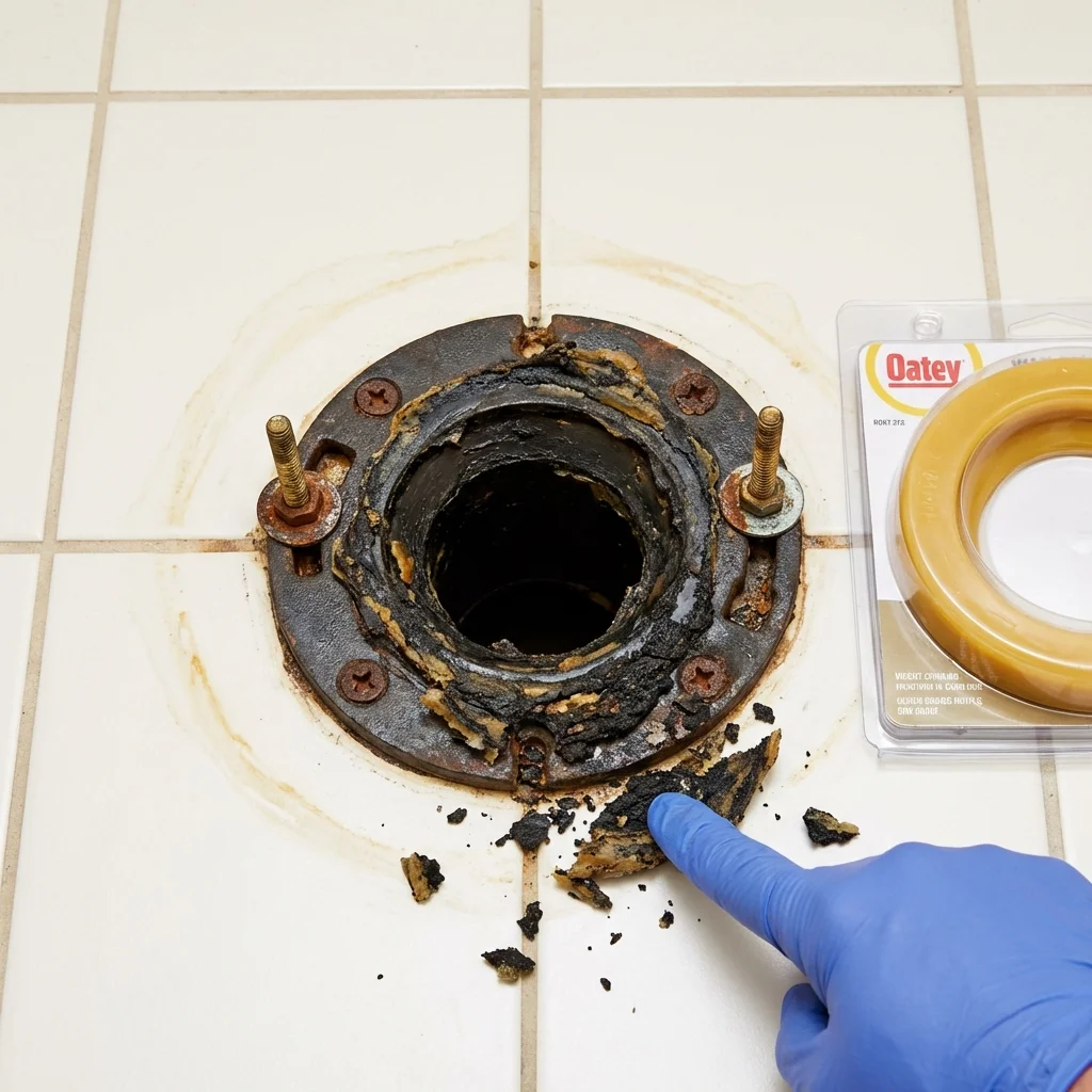 Failed wax ring showing water seepage at the base of a toilet in a Grand Rapids, MI home