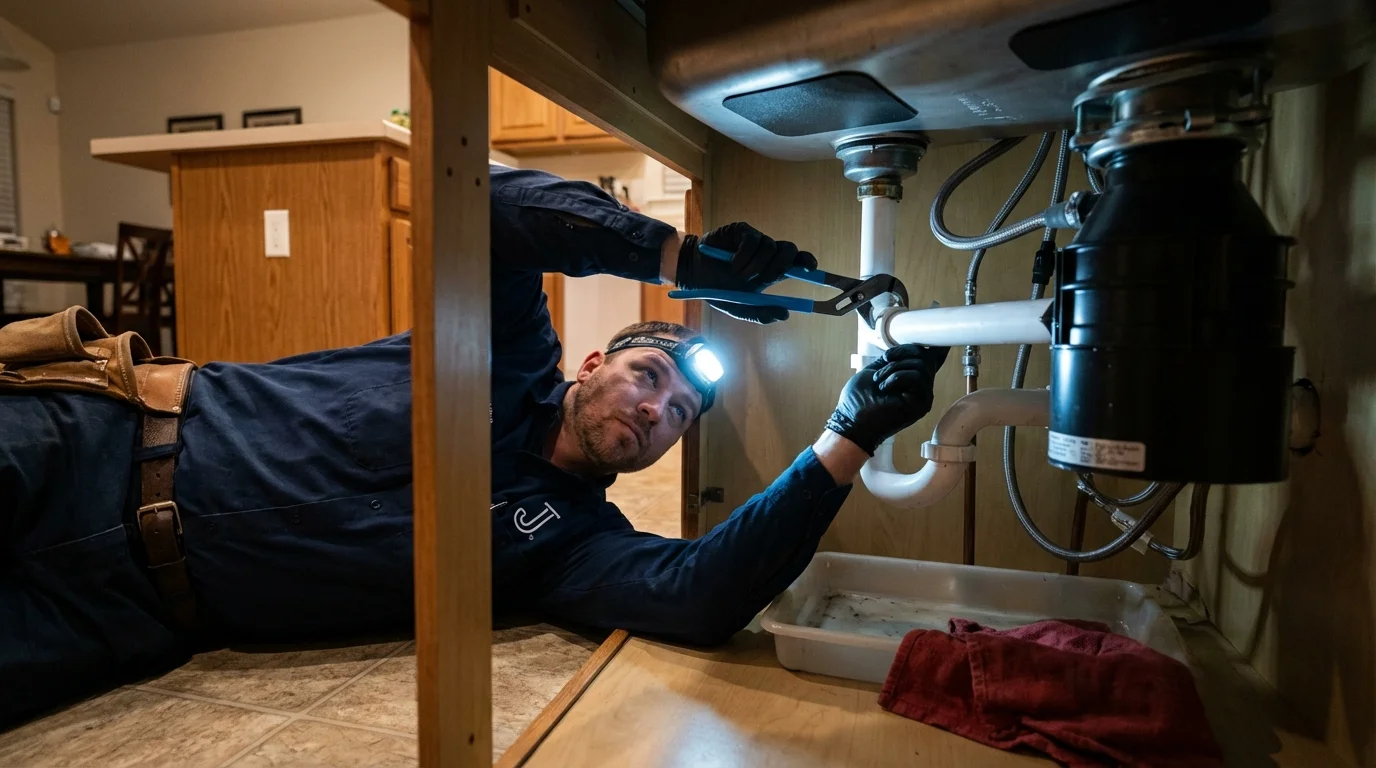 P-trap and supply line connections under a kitchen sink showing a common leak point in Grand Rapids, MI